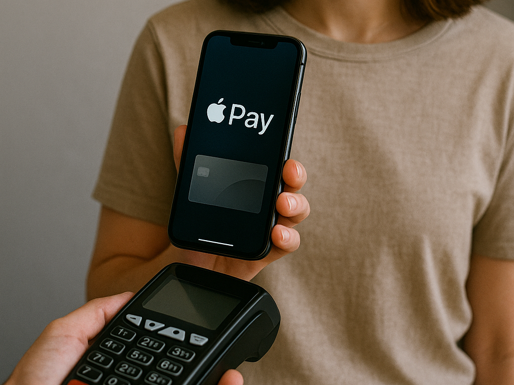 Person betalar med Apple Pay Person som betalar med Apple Pay