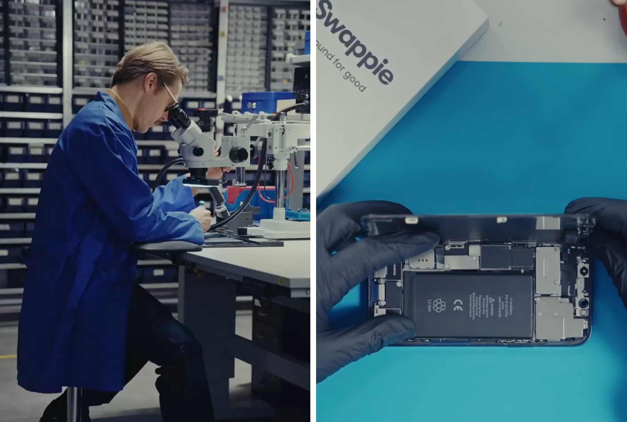Swappie tekniker renoverar iPhone och byter ut batteri till 100% kapacitet